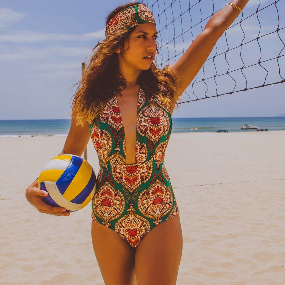 Bohemian high waisted one piece swim suit